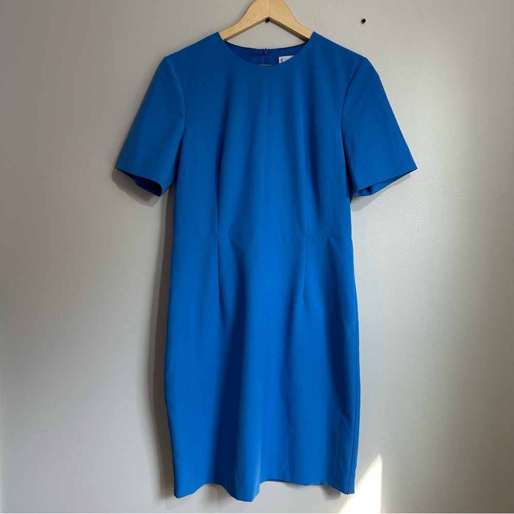 Mango Blue Tailored Sheath Dress | Short Sleeve Fitted Midi | Women’s Size 8 - Picture 2 of 4